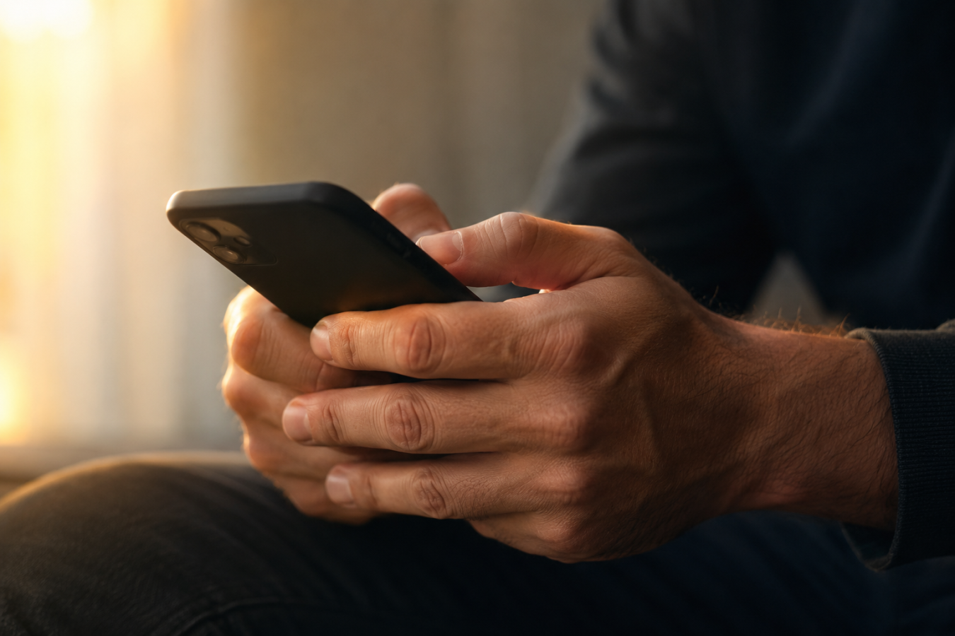 Close-up of hands holding a smartphone in warm golden light — representing the private, personal nature of a Seniorman Kels conversation.